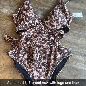 Aerie Brown and Black One Piece Swimsuit with Leopard Print